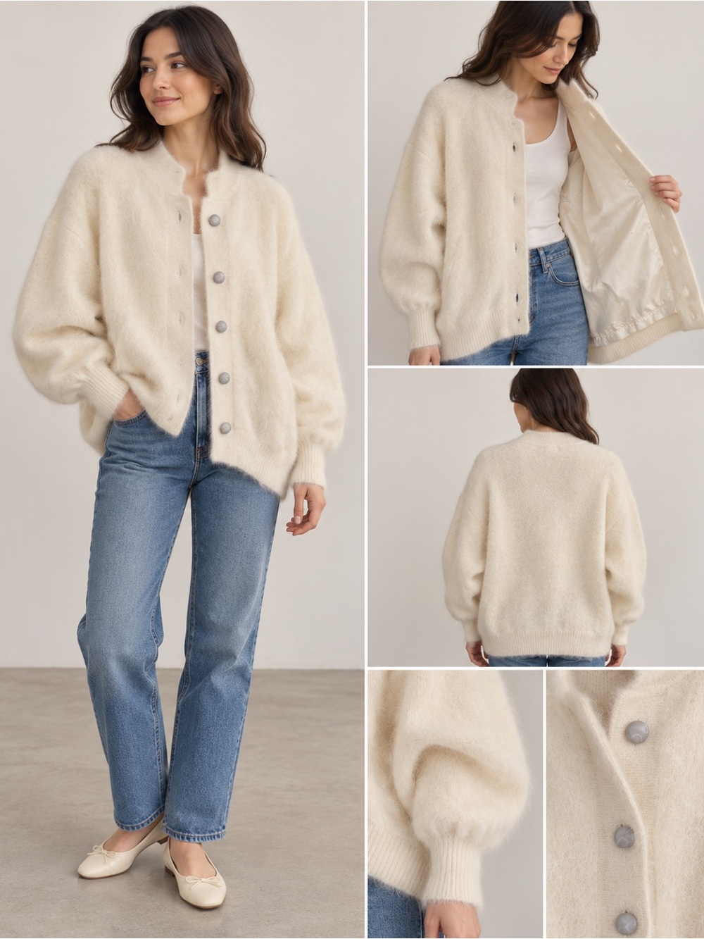 Vintage 80’s Big Star Angora Cream Button-Front Women's Cardigan Lined - M fit - Picture 3 of 15
